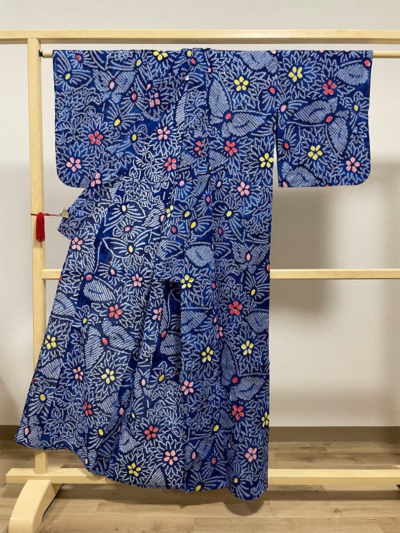 G 美品 有松鳴海絞り 蝶模様 青 綿 浴衣 着物