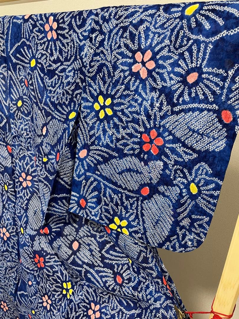 G 美品 有松鳴海絞り 蝶模様 青 綿 浴衣 着物