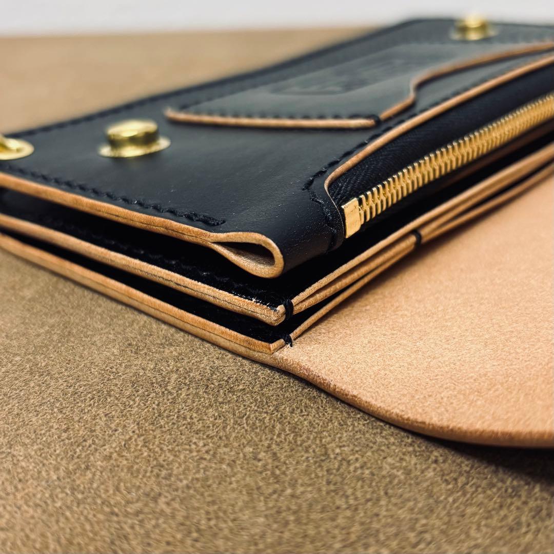 【鳴島】ホースハイド　トラッカーウォレット　黒　茶心　3層　alps