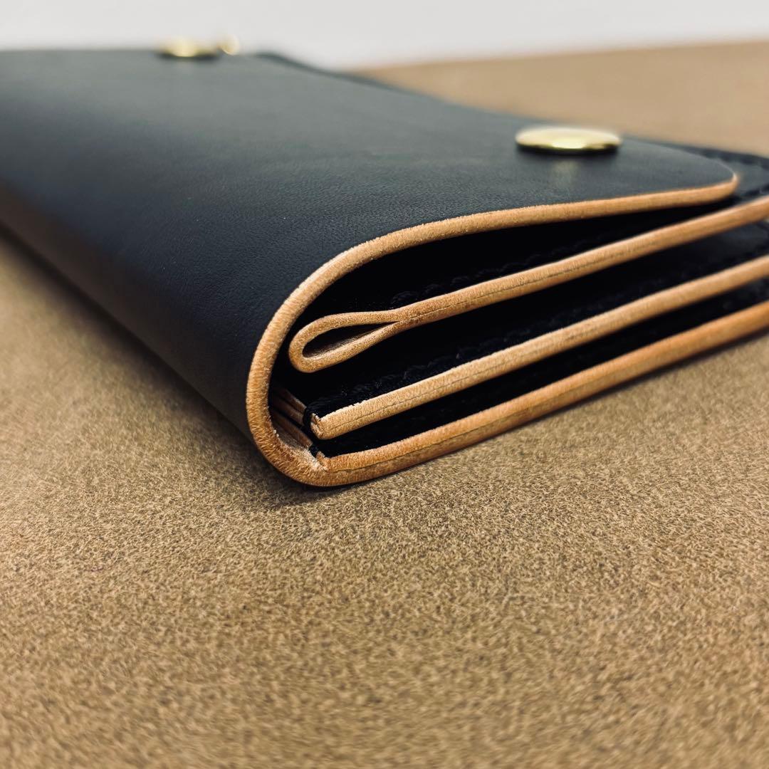 【鳴島】ホースハイド　トラッカーウォレット　黒　茶心　3層　alps