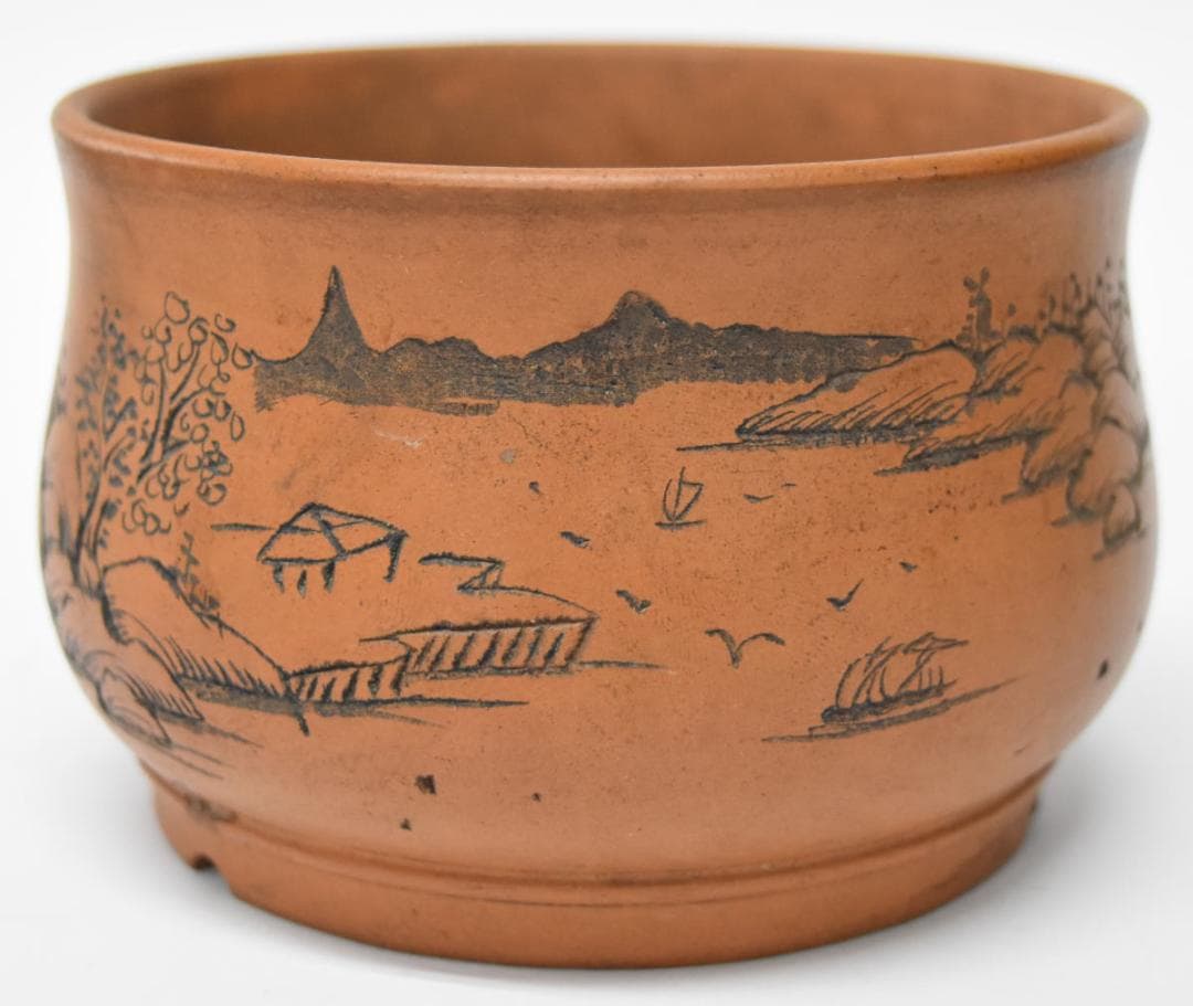 中国宜興 紫砂 孫偉盆芸 在銘 盆栽 花鉢 無傷 植木鉢 朱泥 WWTT164