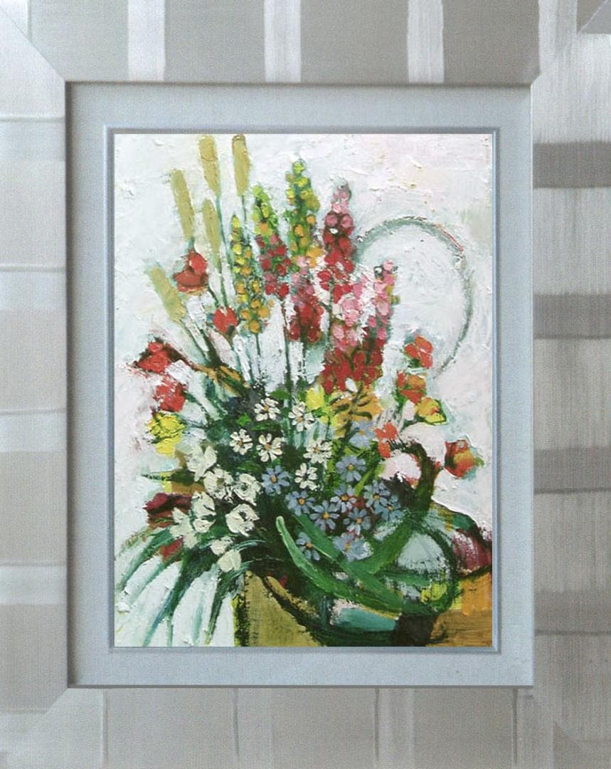 油絵 菅家令子 絵 絵画インテリア 額付(青緑＋金色の枠)uF6-111202花