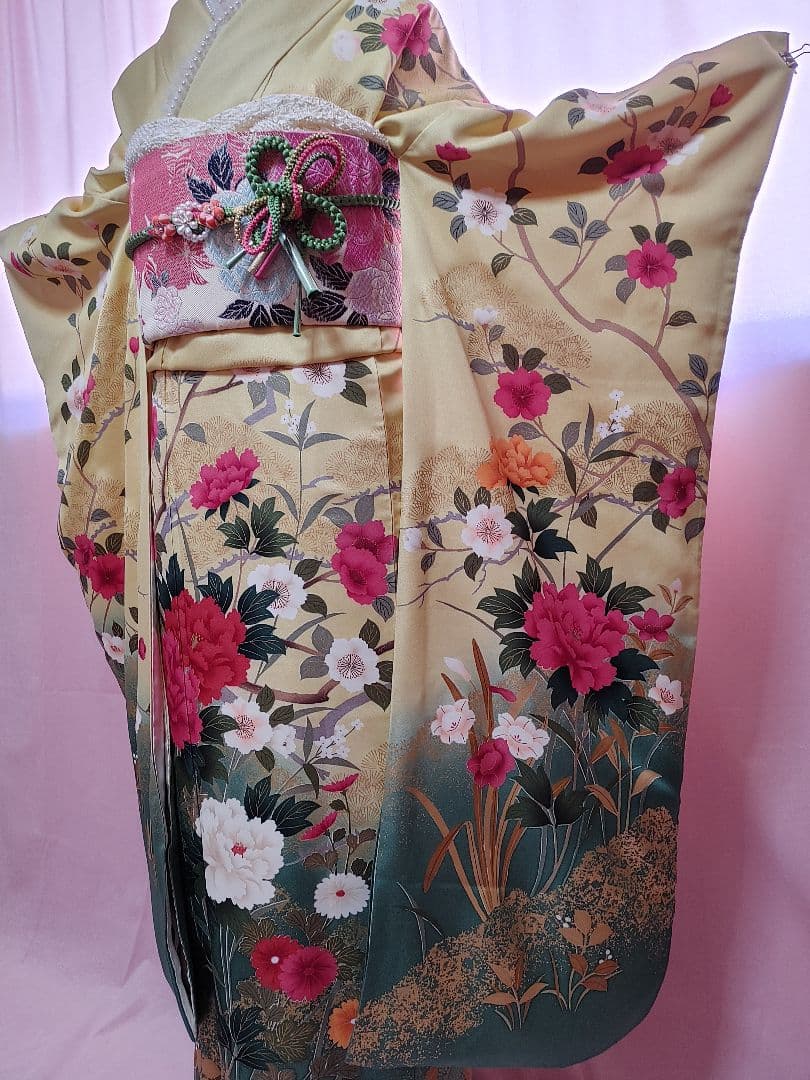 豪華　牡丹　振袖　袋帯　帯揚げ　帯締めセット　刈安色(薄い緑がかった黄色)