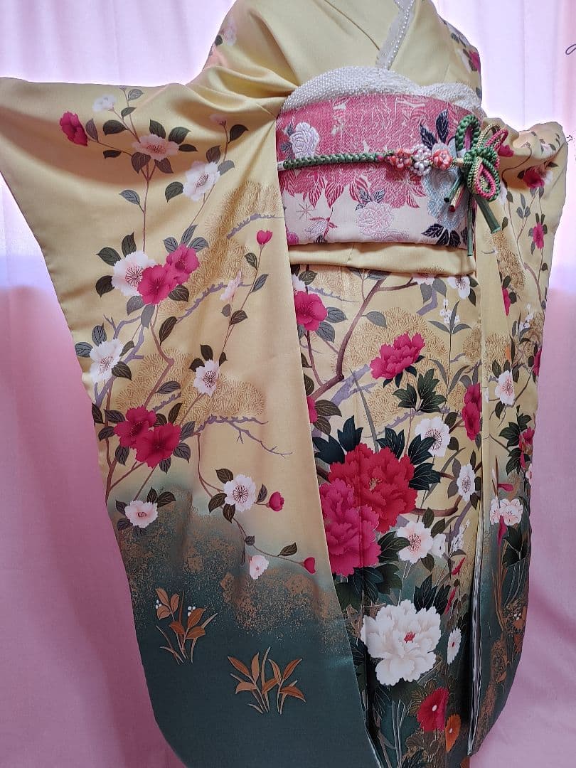 豪華　牡丹　振袖　袋帯　帯揚げ　帯締めセット　刈安色(薄い緑がかった黄色)