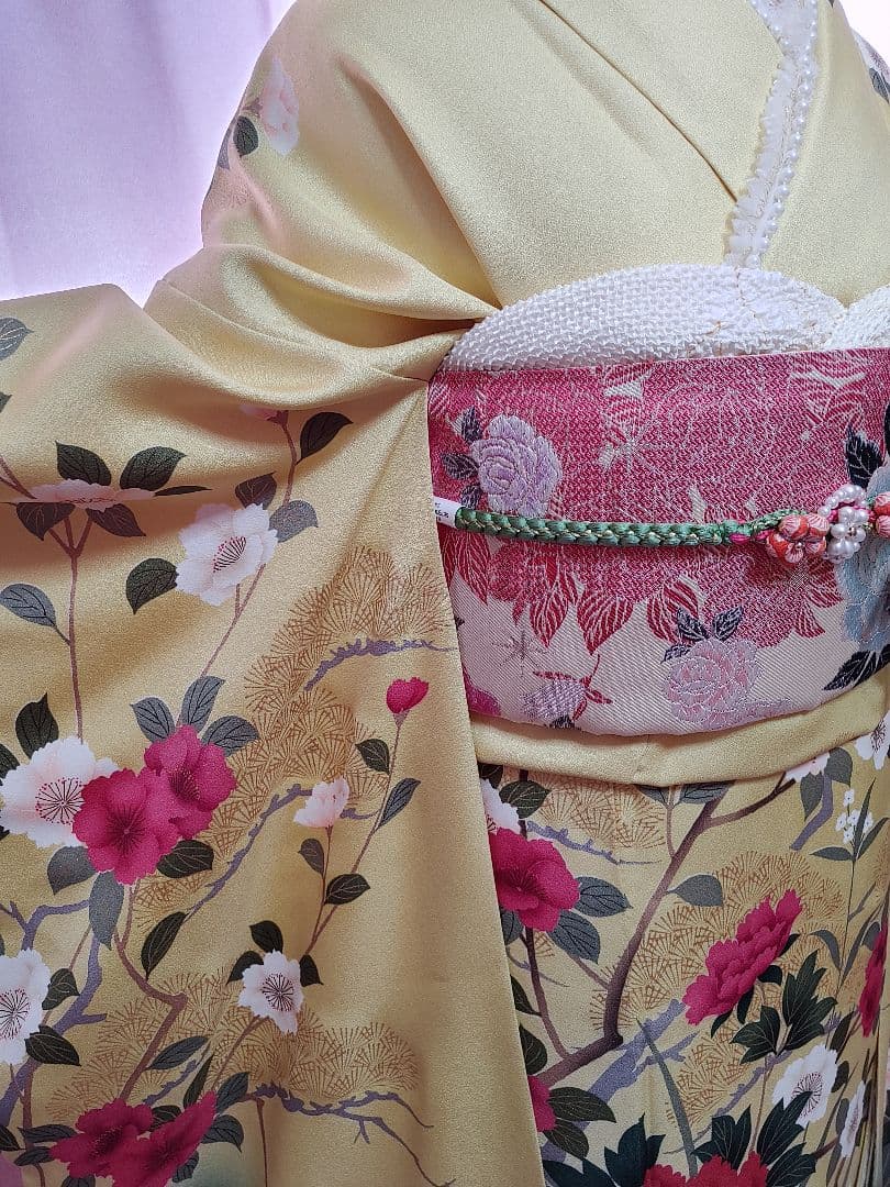 豪華　牡丹　振袖　袋帯　帯揚げ　帯締めセット　刈安色(薄い緑がかった黄色)