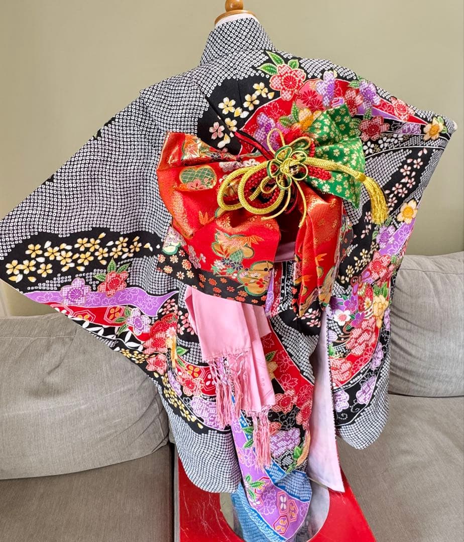 七五三着物帯セット　7歳　黒系　絞り柄