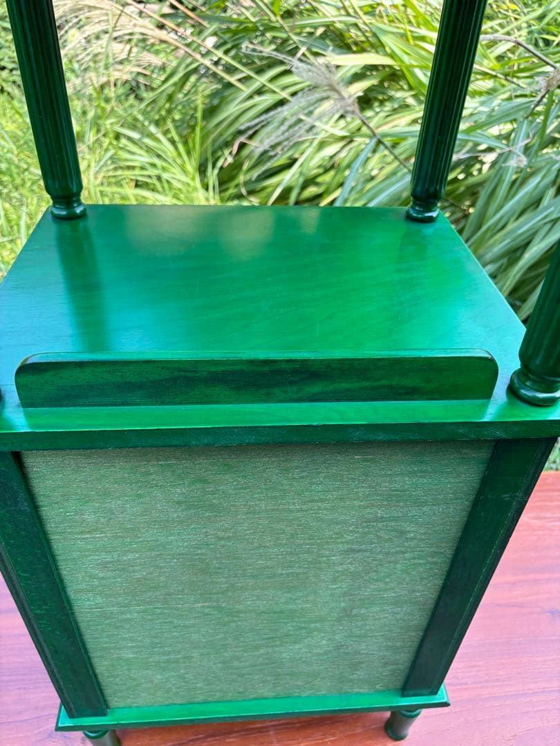 昭和レトロ　グリーンの木製電話台・ファックス台　飾り棚　花台