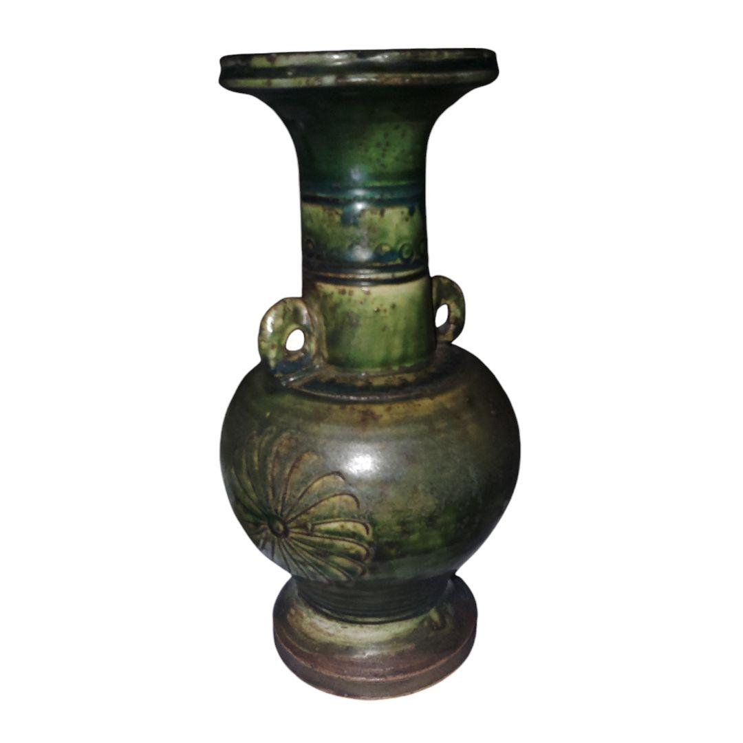 古瀬戸　青織部　印花文盤口花瓶　骨董品