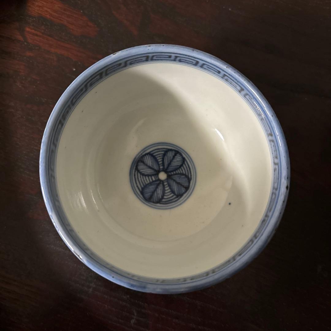 古伊万里幾何学紋染付　湯呑み1点　ころ茶碗　江戸時代　アンティーク　白磁　検李朝