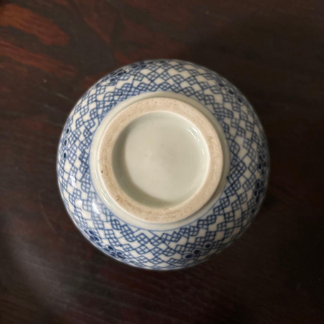 古伊万里幾何学紋染付　湯呑み1点　ころ茶碗　江戸時代　アンティーク　白磁　検李朝