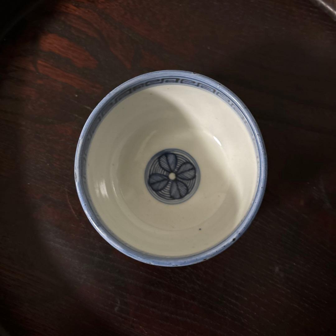 古伊万里幾何学紋染付　湯呑み1点　ころ茶碗　江戸時代　アンティーク　白磁　検李朝