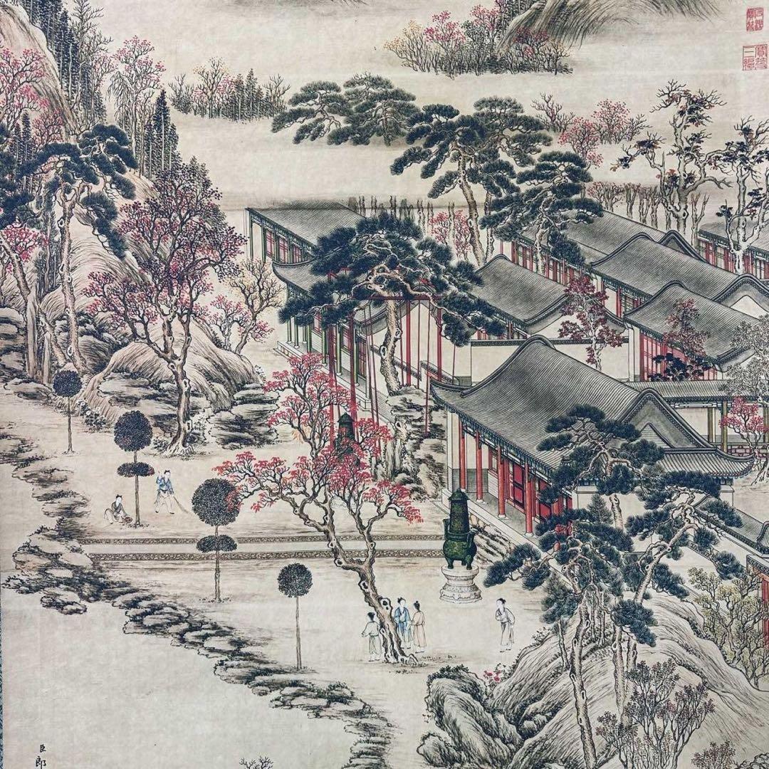 【証明書付】郎世寧《怡園図》 中堂画　防偽標識あり　掛け軸　70×173cm