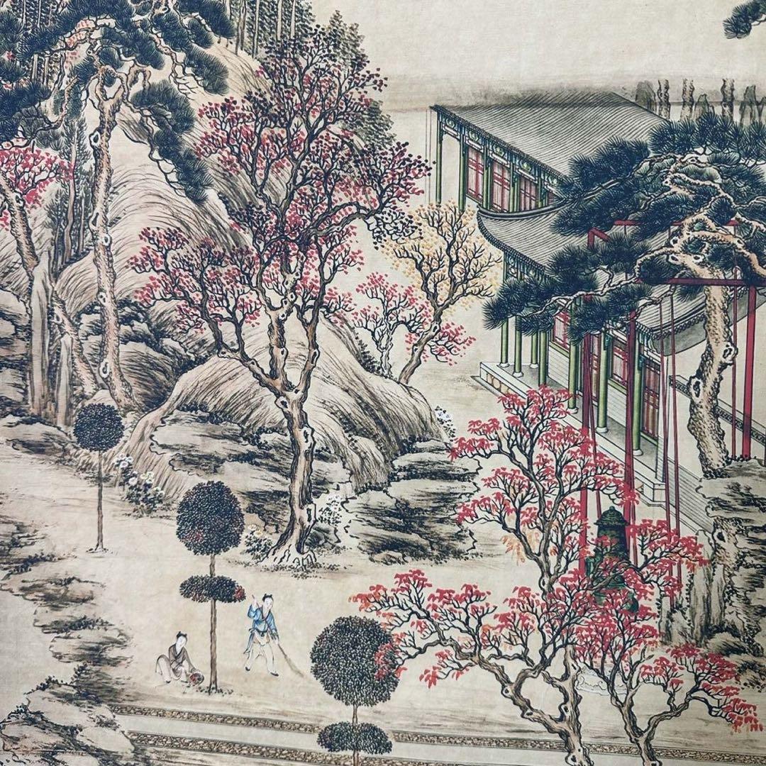 【証明書付】郎世寧《怡園図》 中堂画　防偽標識あり　掛け軸　70×173cm