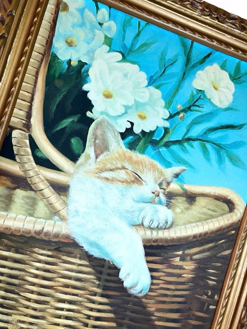 油彩画 バスケットで眠る猫 肉筆 大型豪華フレーム 縦80cm横65cm