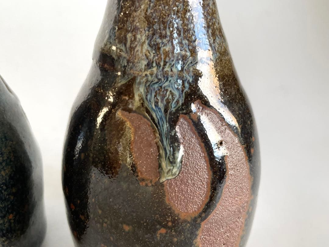 陶芸家　人間国宝　濱田庄司　浜田庄司　酒器　徳利　一対　共箱　指描　鉄釉　民藝