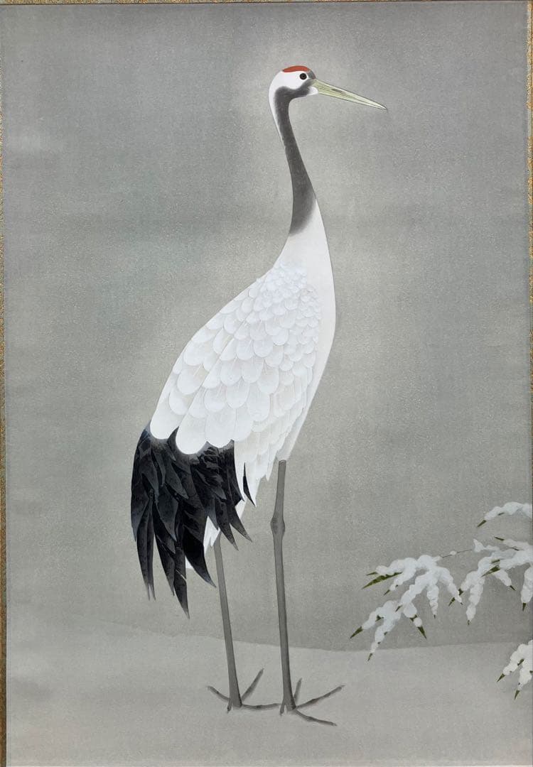 上村松篁【丹頂】木版画　絹本　双幅　美術書院　限定350部　掛軸