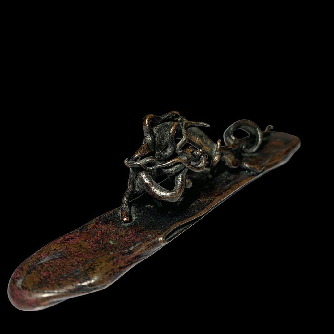 本間琢斎 斑紫銅製 文鎮 龍紐文鎮書鎮 筆架 書道具 金属工芸 骨董 共箱