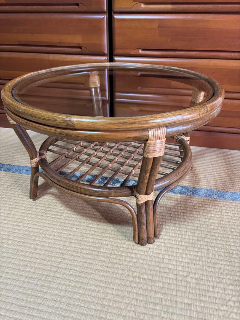 ナチュラル天然素材◾️ガラス天板×籐ラタンフレーム サイド 丸テーブル