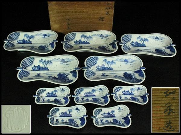 三浦竹泉作 青花山水 団扇形 皿 揃い 大小五客(K-XA885)