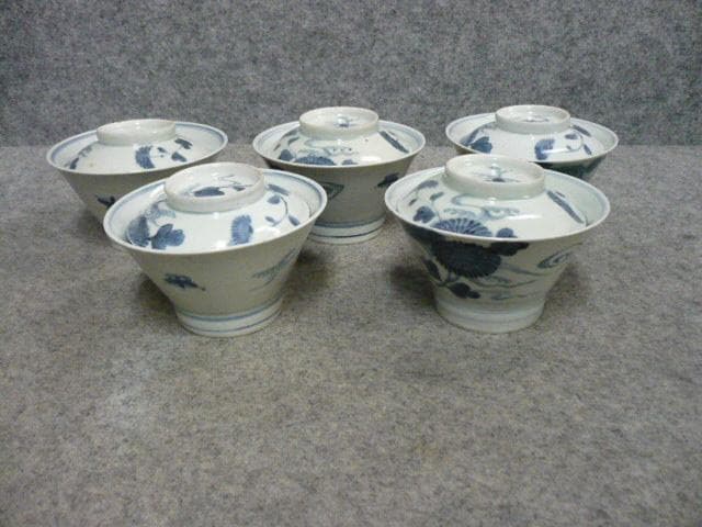 古伊万里 花に蝶図 染付 蓋茶碗 5個 [B31360]