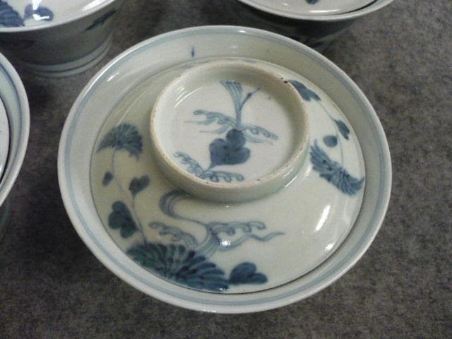 古伊万里 花に蝶図 染付 蓋茶碗 5個 [B31360]