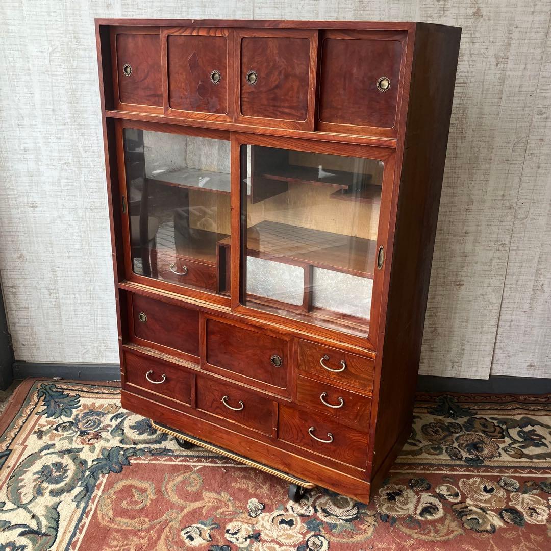 昭和レトロ 木製 茶箪笥 茶棚 ガラス戸 サイドボード 古家具 古民家 無垢材