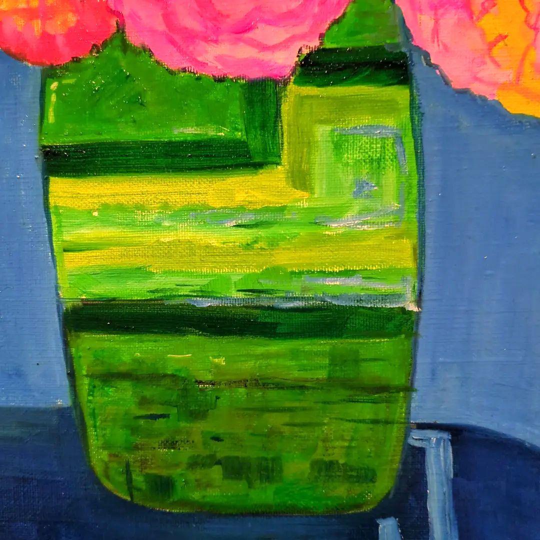 キャンバス油絵　専用　カラフルなお花をたくさん入れた花瓶 happy!