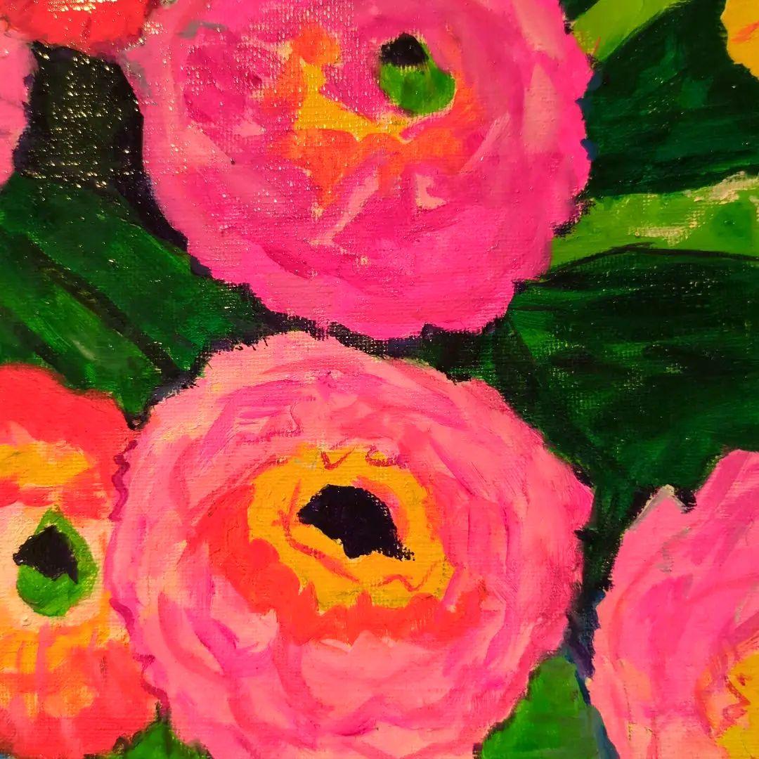 キャンバス油絵　専用　カラフルなお花をたくさん入れた花瓶 happy!