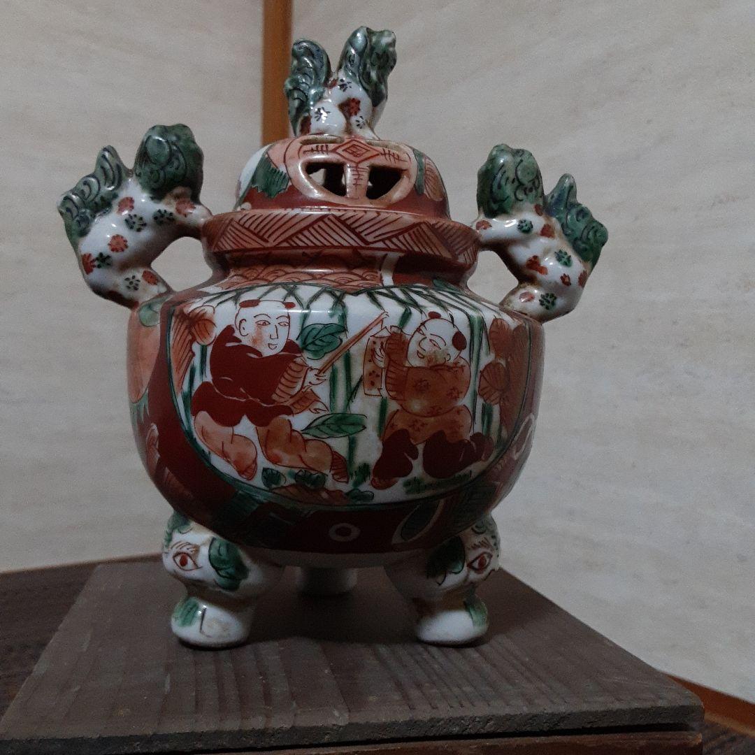 古い伊万里赤絵九谷焼香炉/江戸唐子狛犬薩摩十字角福小槌三足耳付/瓔珞緑釉窓絵箱入