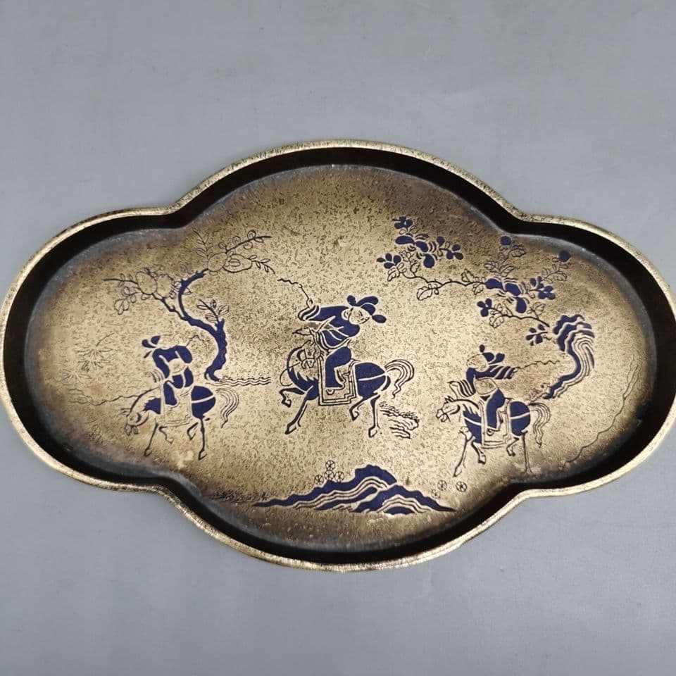 銅 細工 中国茶器 樹紋狩猟図 銅盤 果盤 茶盤銅 茶道具 置物
