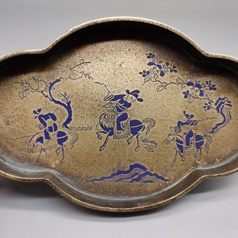 銅 細工 中国茶器 樹紋狩猟図 銅盤 果盤 茶盤銅 茶道具 置物