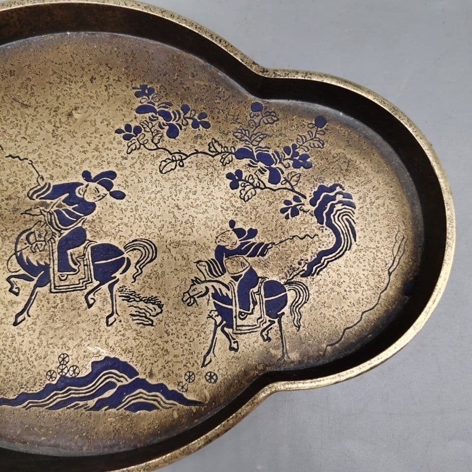 銅 細工 中国茶器 樹紋狩猟図 銅盤 果盤 茶盤銅 茶道具 置物