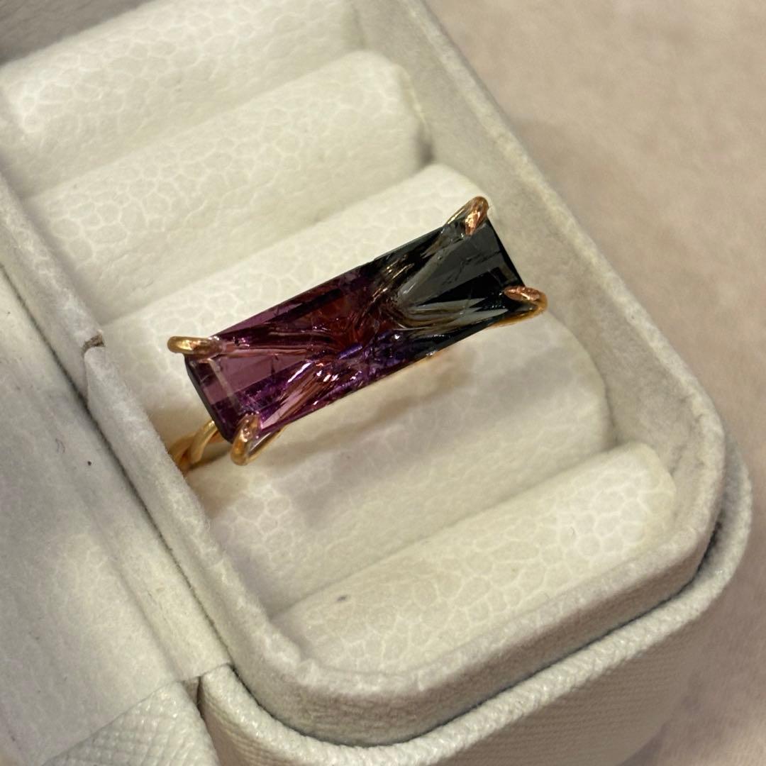 美品　希少　バイカラートルマリン　リング　ハンドメイド　k14gf 15号