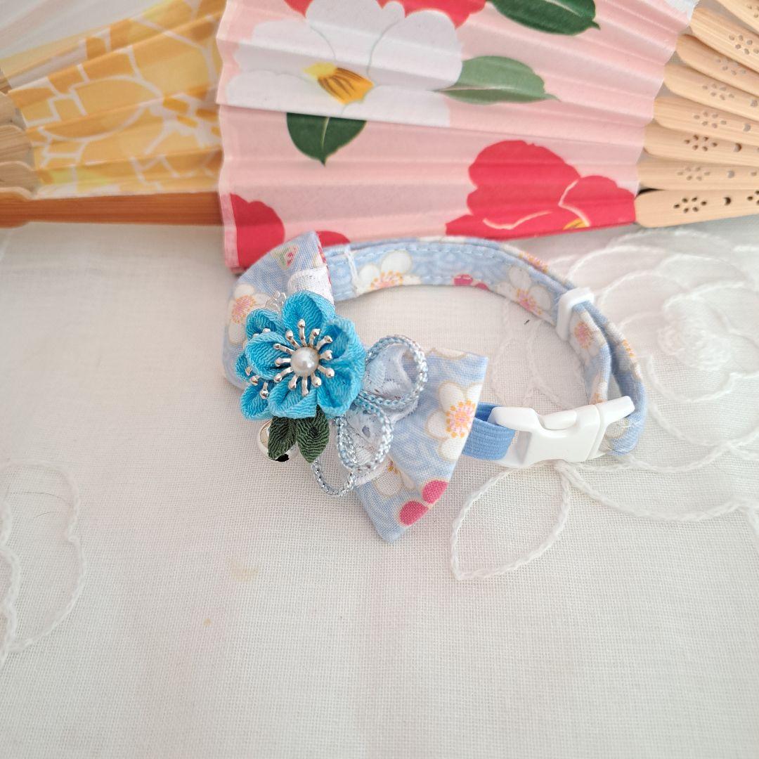お正月、つまみ細工シングルリボン(水色)わんちゃん猫ちゃん用首輪