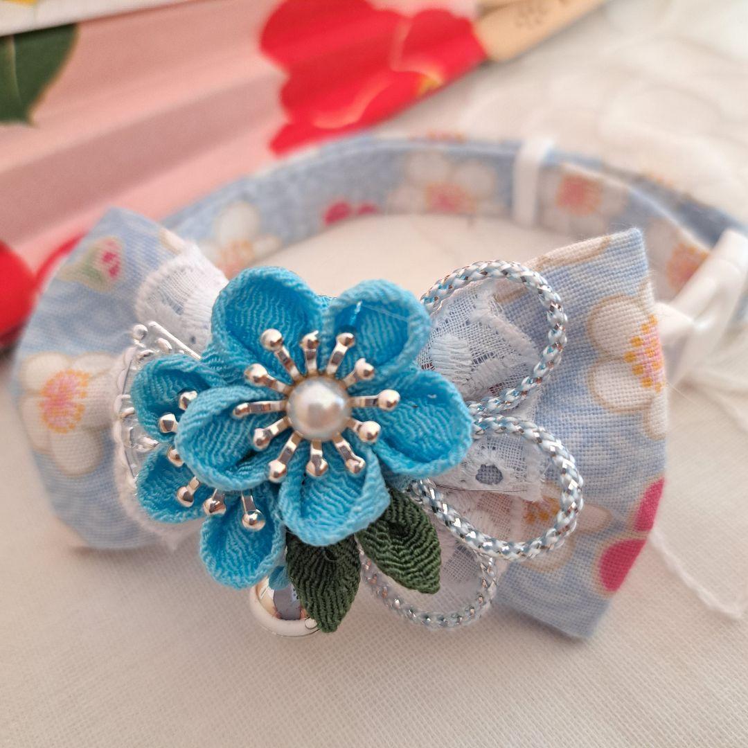 お正月、つまみ細工シングルリボン(水色)わんちゃん猫ちゃん用首輪