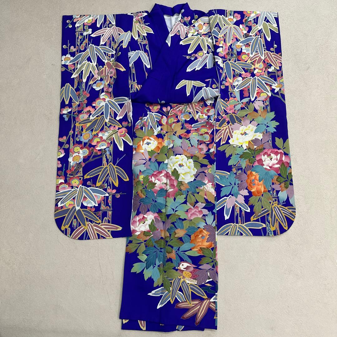 売り切り 青紫 手描き友禅 笹 牡丹 鴛鴦 振袖 落款あり