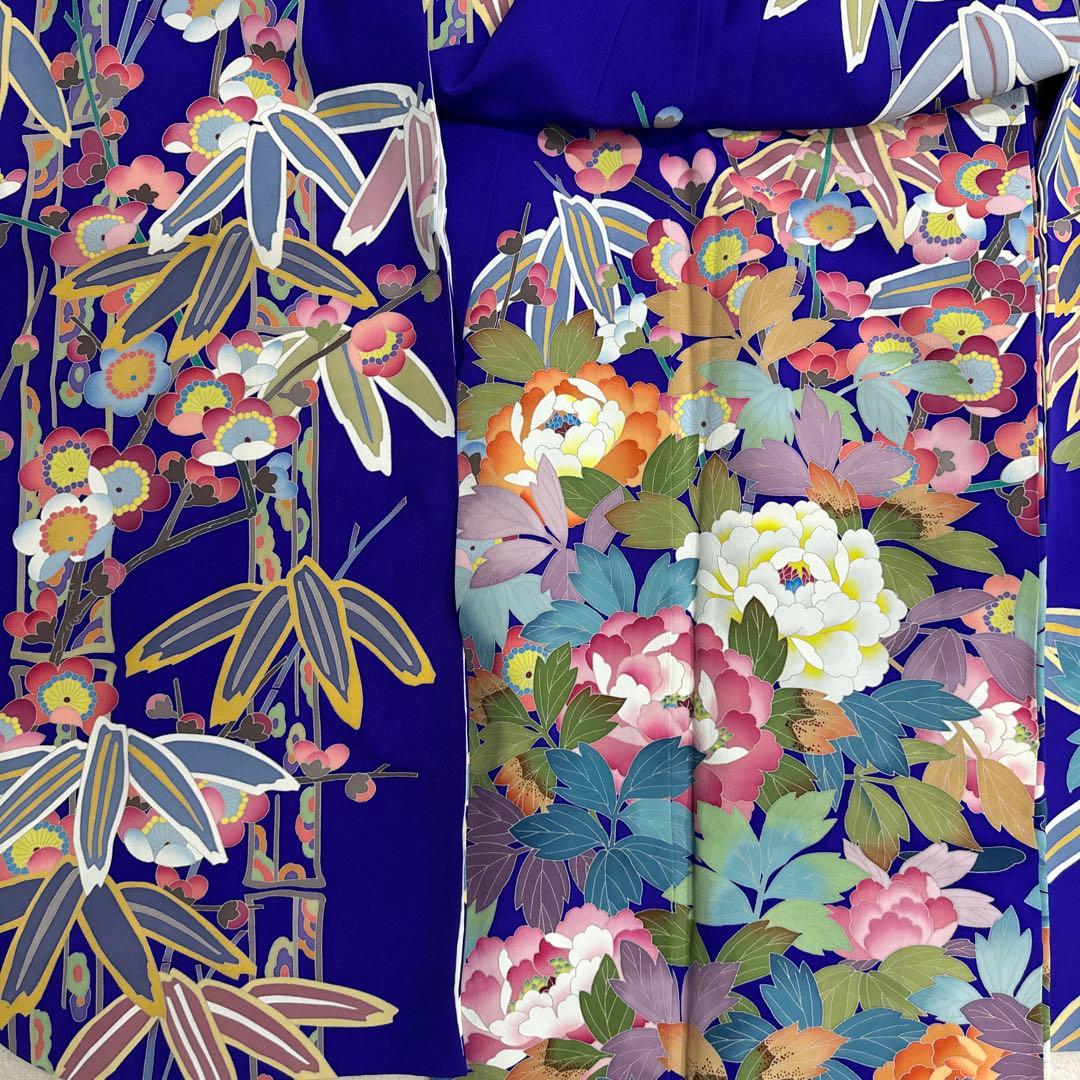 売り切り 青紫 手描き友禅 笹 牡丹 鴛鴦 振袖 落款あり