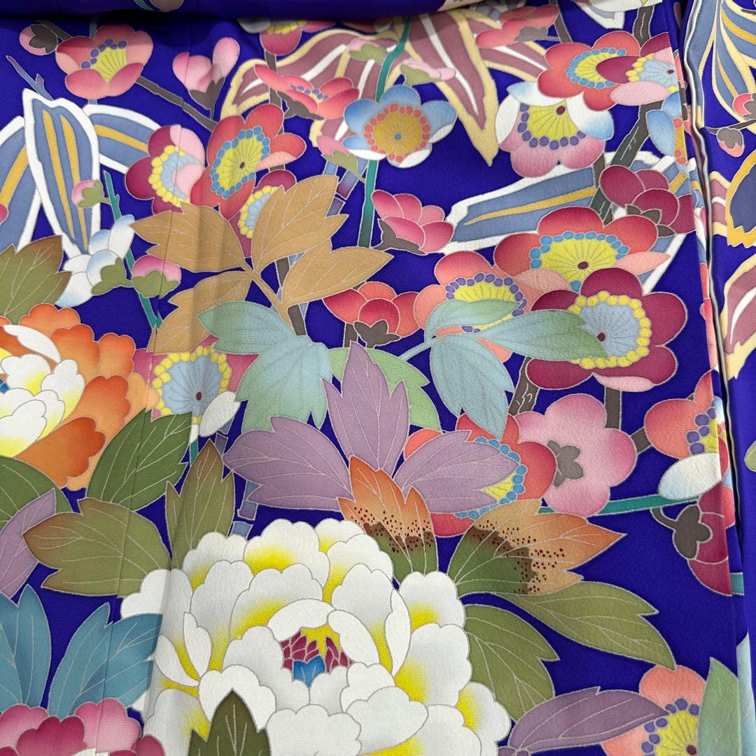 売り切り 青紫 手描き友禅 笹 牡丹 鴛鴦 振袖 落款あり