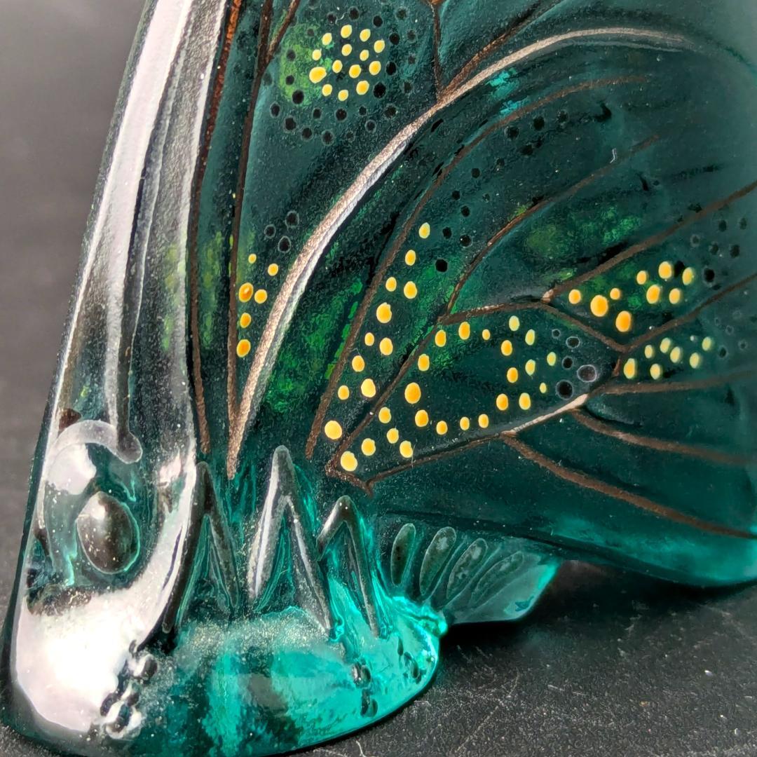 卓上芸術 ラリック 青ガラス彩色 パピヨン蝶オブジェ入手至難　精密エナメル