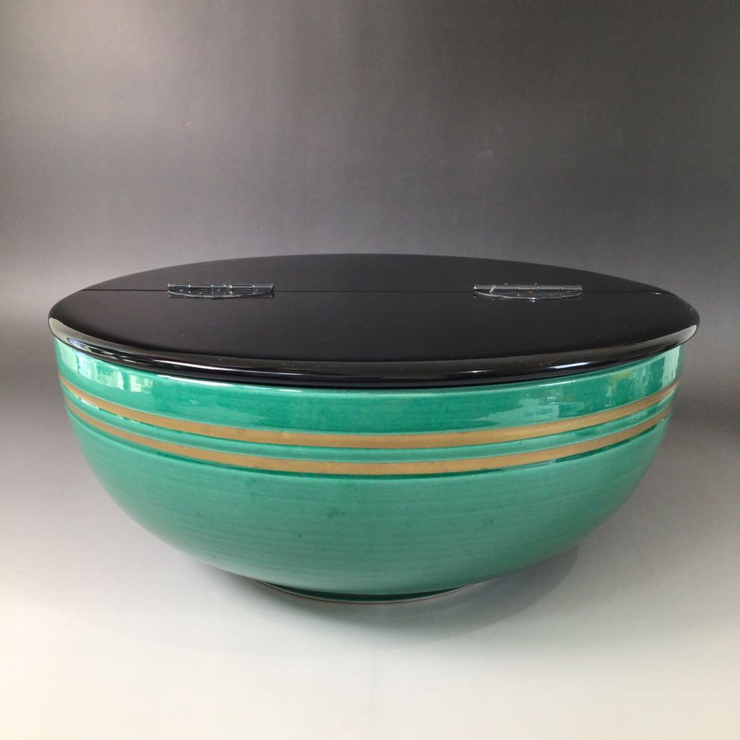 Ｒ９７５　水指　『御室窯造』『流水草花文』『青交趾』『平水指』　共箱　茶道具