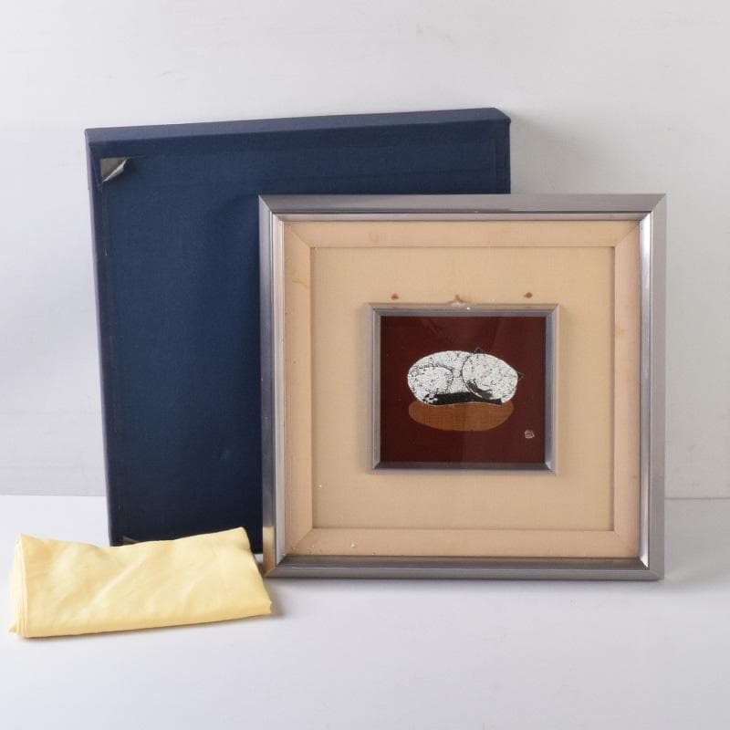 漆芸　輪島塗　卵殻蒔絵　猫　在銘　額装　C　8234A