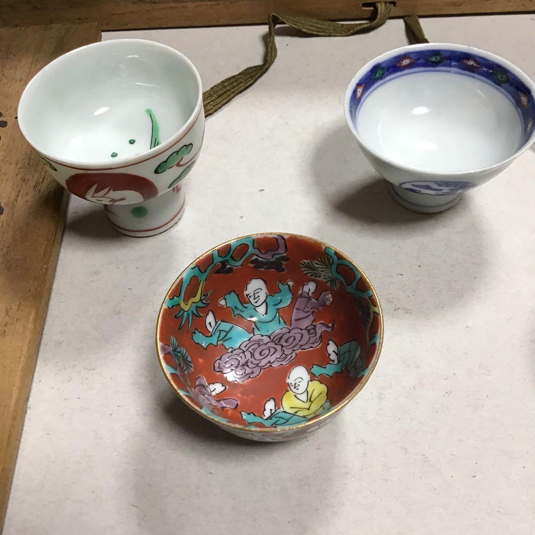 時代盃　５組セット　九谷焼　共桐箱ウコン地　バラ不可　時代物　骨董品