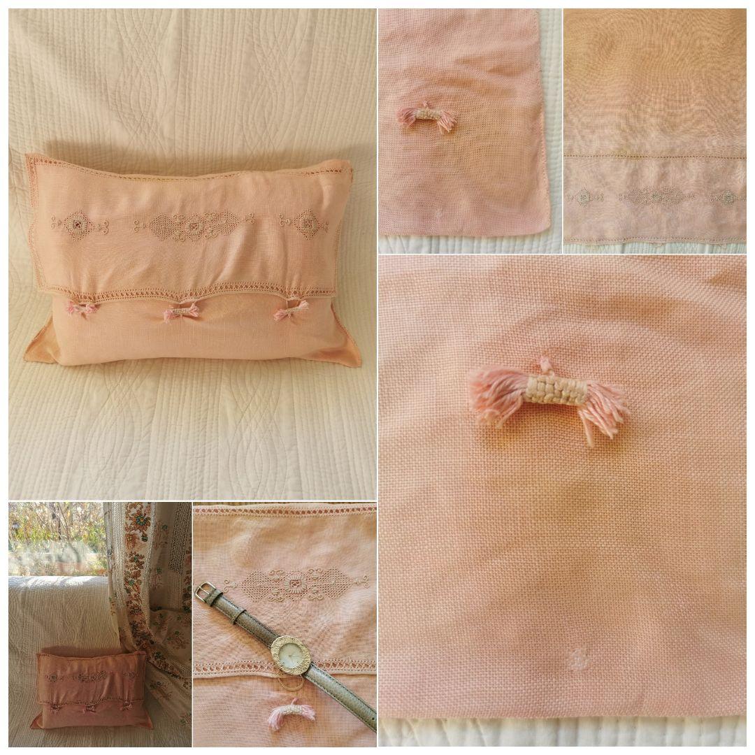 アンティーク 珊瑚色蓋付きランジェリーケース ピローカバー 盛上＆梯子レース刺繍