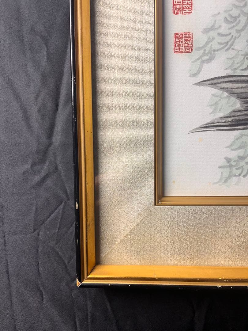 水墨画額　色紙　「花港観魚図　吴青霞」　紙本　肉筆保証