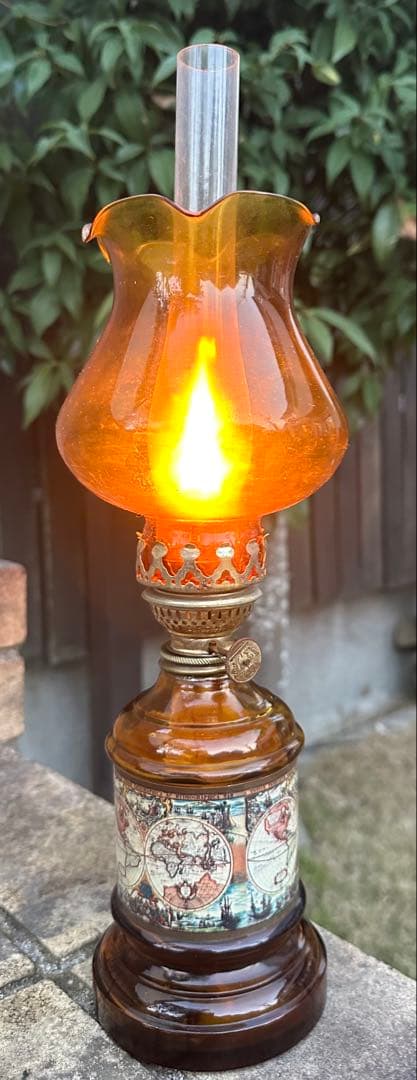 アンティーク調 オイルランプ 世界地図柄 ガラス製