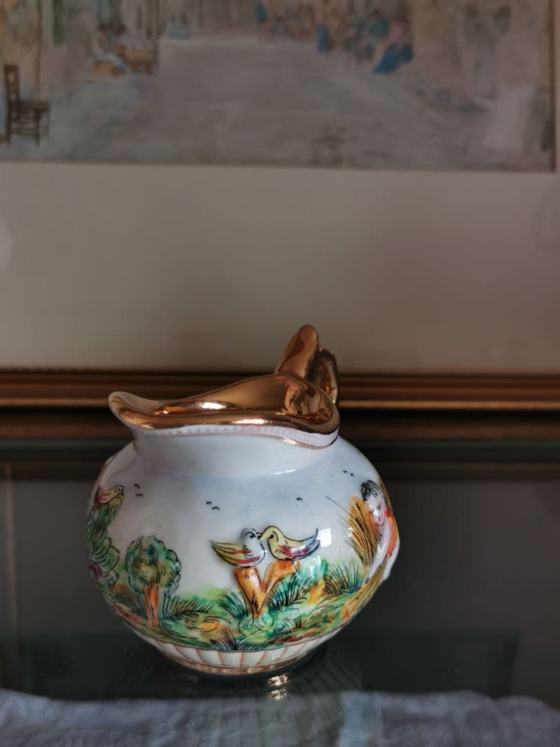 アンティークイタリア カポディモンティ 子供と鳥の実りの草原 収穫 クリーマー