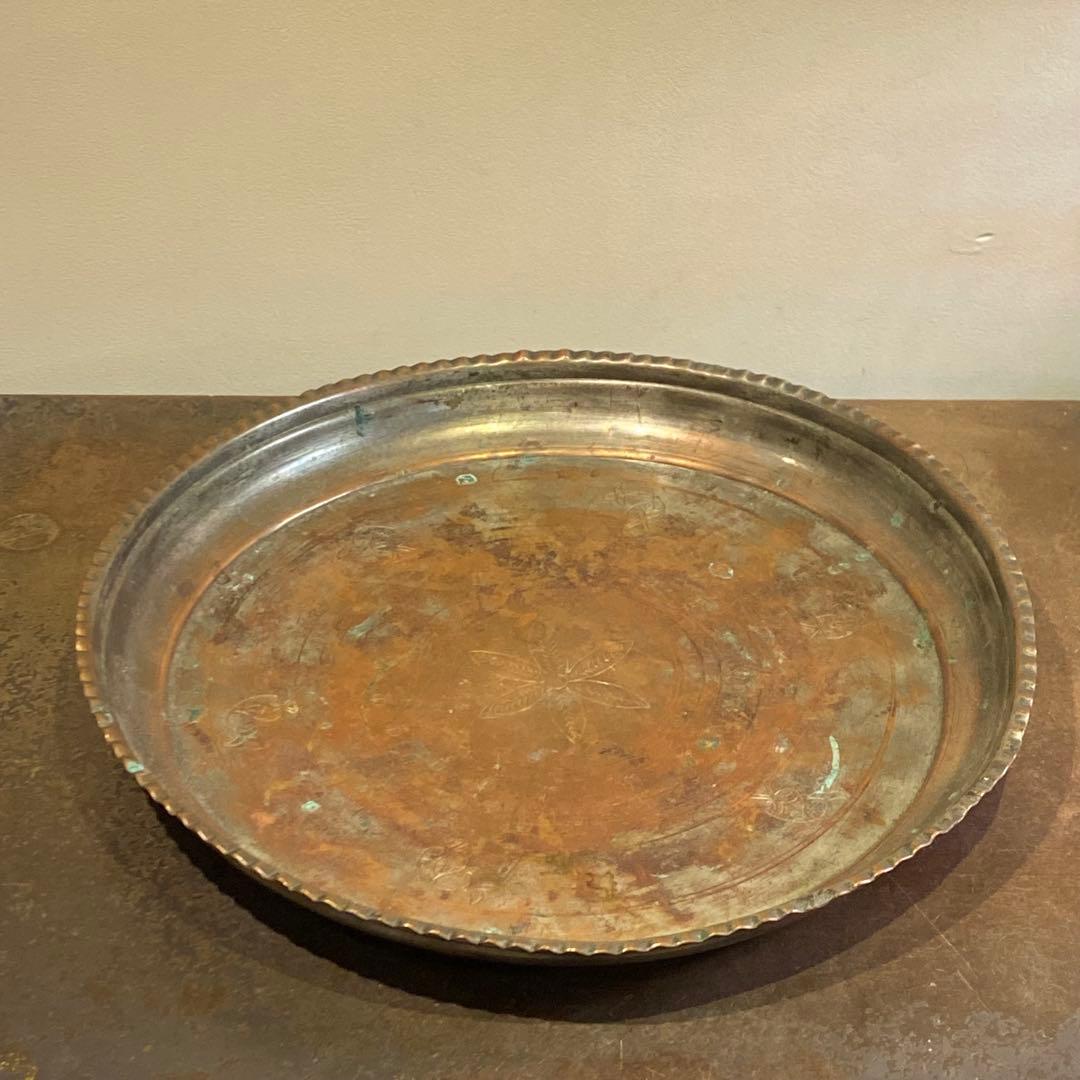 古銅彫刻装飾イスラミックトレイ 錫メッキ 打ち出し アンティーク