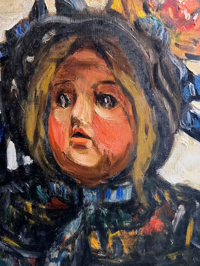 寿福院祥一　油彩画 少女の肖像 金色と青色のフレーム