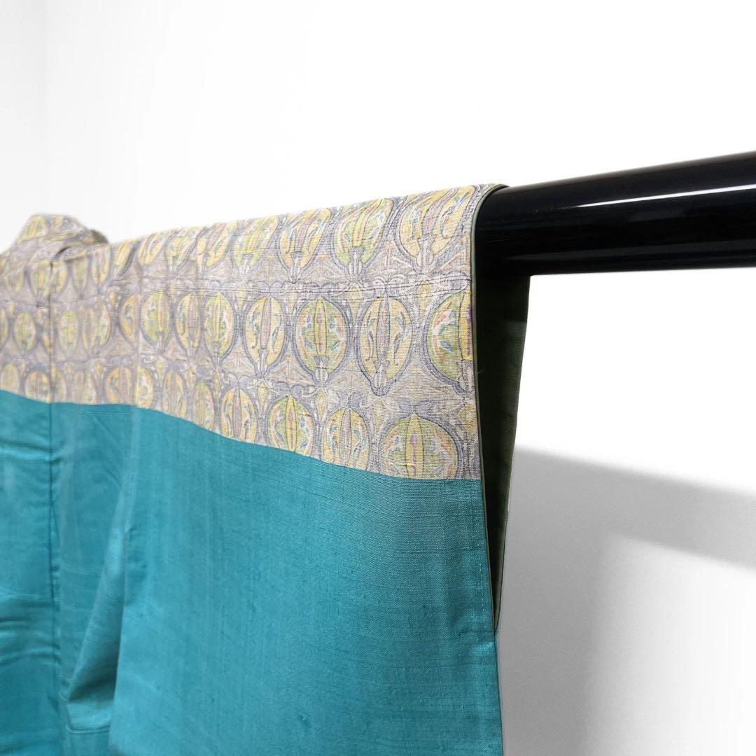 作家もの　紬　付け下げ　抽象模様　ナイルブルー　紋無し　着物　063a d