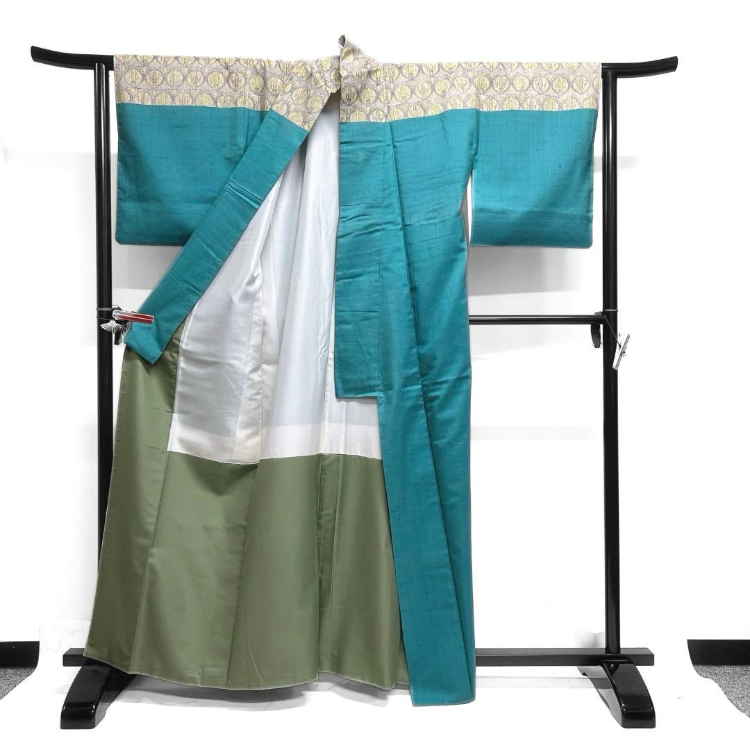 作家もの　紬　付け下げ　抽象模様　ナイルブルー　紋無し　着物　063a d